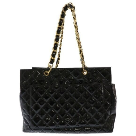Authentic CHANEL XL Patent Shopping Tote Quilted Chain Shoulder Bag Gold Purse - Picture 6 of 11